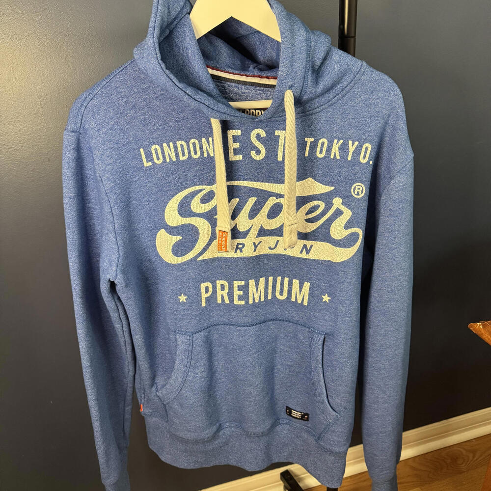 Superdry Branded Pullover Hoodie, Blue, Mens Medium
